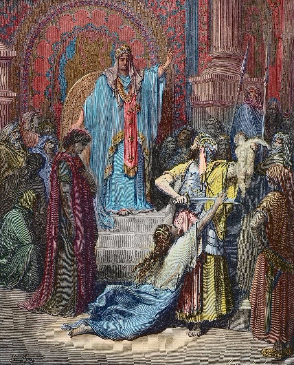 Julgamento de Salomão - Solomon faz o julgamento para dividir o bebê entre os dois requerentes - Gravura de Gustave Dore (1832 - 1883) - coloração posterior de Gustave Dore