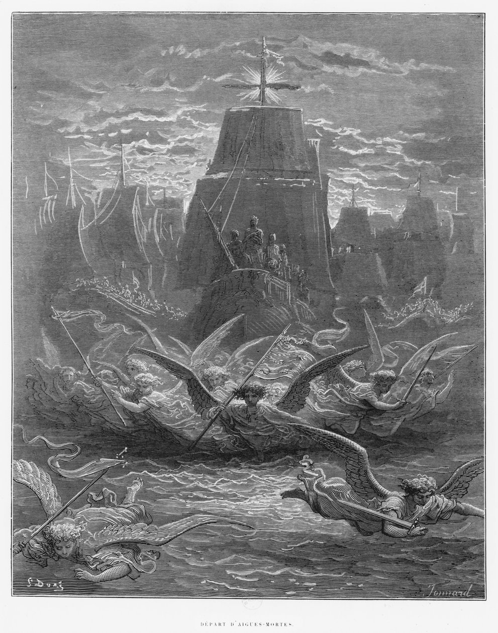 São Luís (1214-70) deixando Aigues-Mortes, ilustração de "História das Cruzadas" por Joseph Michaud (1767-1839) gravado por Paul Jonnard-Pacel (d.1902) 1877 de Gustave Dore