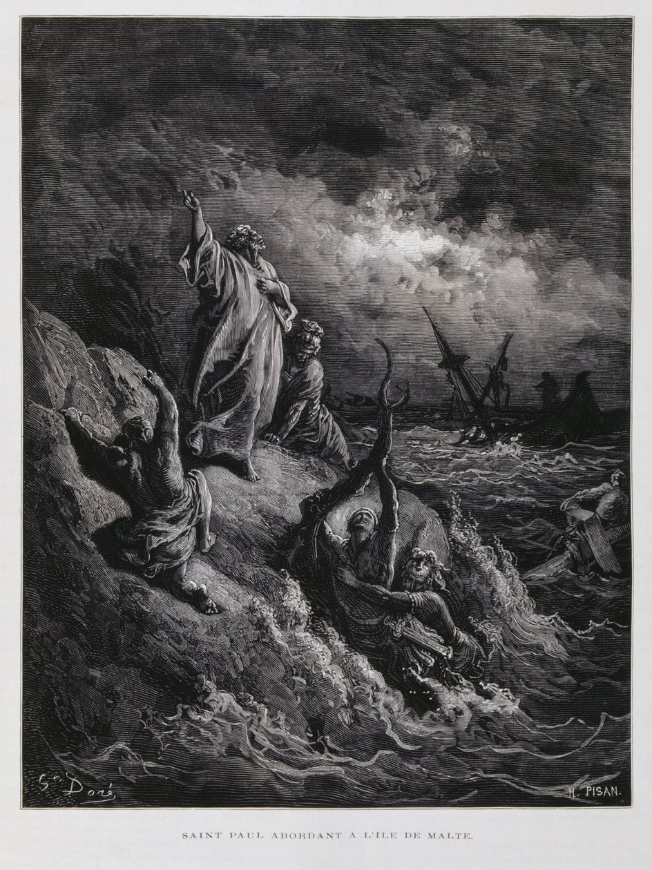Desembarque de São Paulo em Malta, ilustração da Bíblia de Dore de Gustave Dore