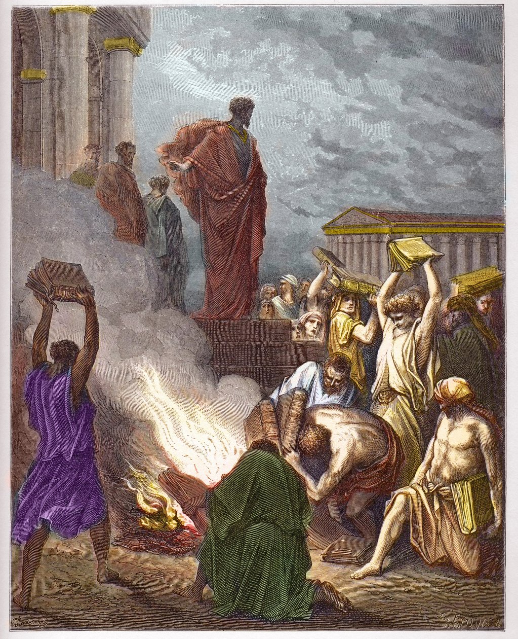 São Paulo em Éfeso - São Paulo a Éfeso - A Predição de São Paulo a Éfeso. Judeus que estavam envolvidos no exorcismo queimam os livros - - Gravura em "A ilustração bíblica" de Gustave Dore (1832-1883) - Gravura em "A Bíblia Dore". de Gustave Dore
