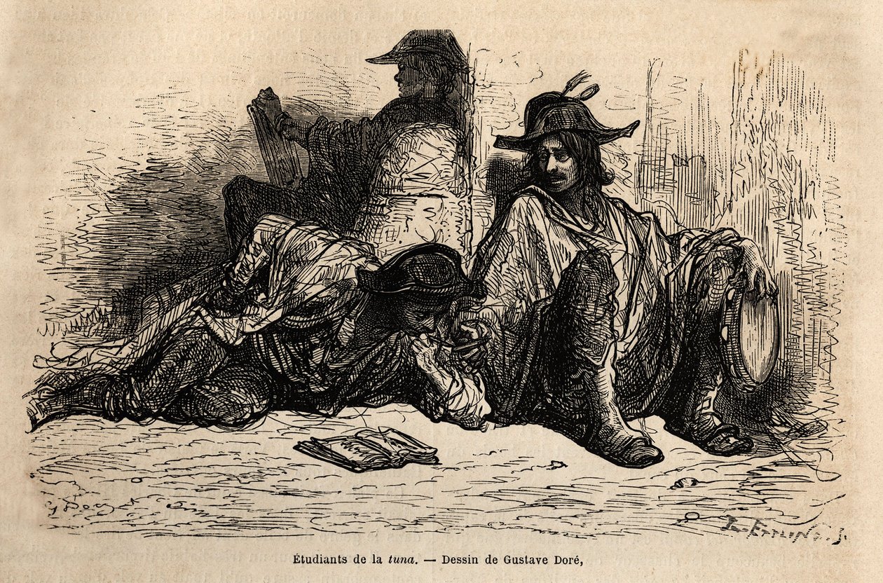 Estudantes de atum (ou tunantes) no distrito da Universidade de Alcalá de Henares, a peculiaridade destes estudantes que adotaram a vida ociosa, livre e errante é não estudar, esboçar ao vivo por Gustave Dore. Gravura para ilustrar a viagem de Gustave Dore