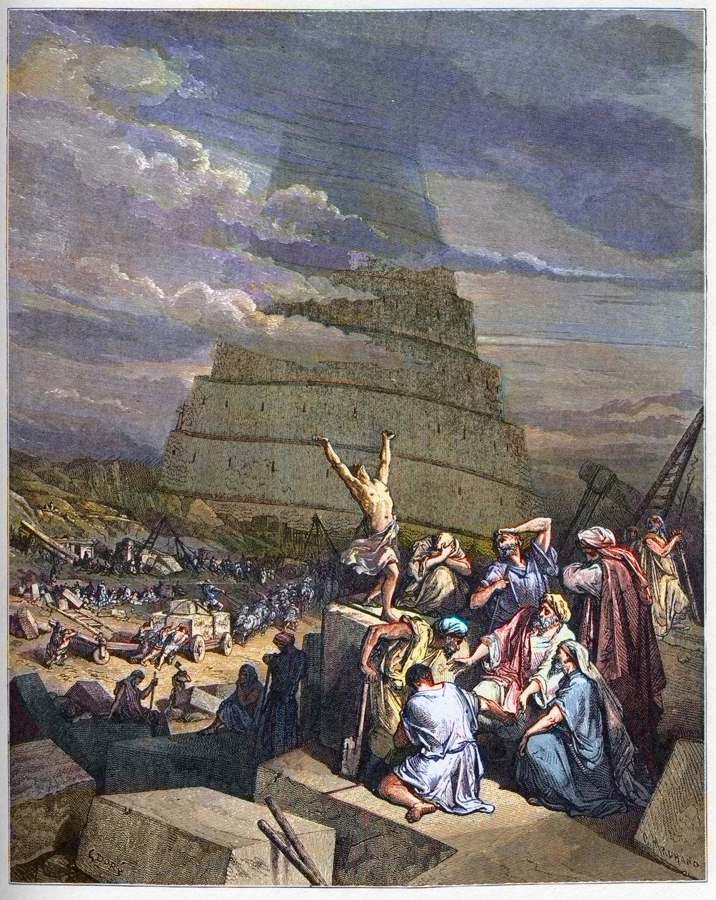 TOWER OF BABEL - A Torre de Babel ilustração de Gênesis e confusão linguística por Yahve. À direita, o Rei Nimrud (ou Nimrod, Nemrod) discute com os arquitetos - gravura em "A ilustração bíblica" de Gustave Dore (1832-1883) - gravura de "Th de Gustave Dore