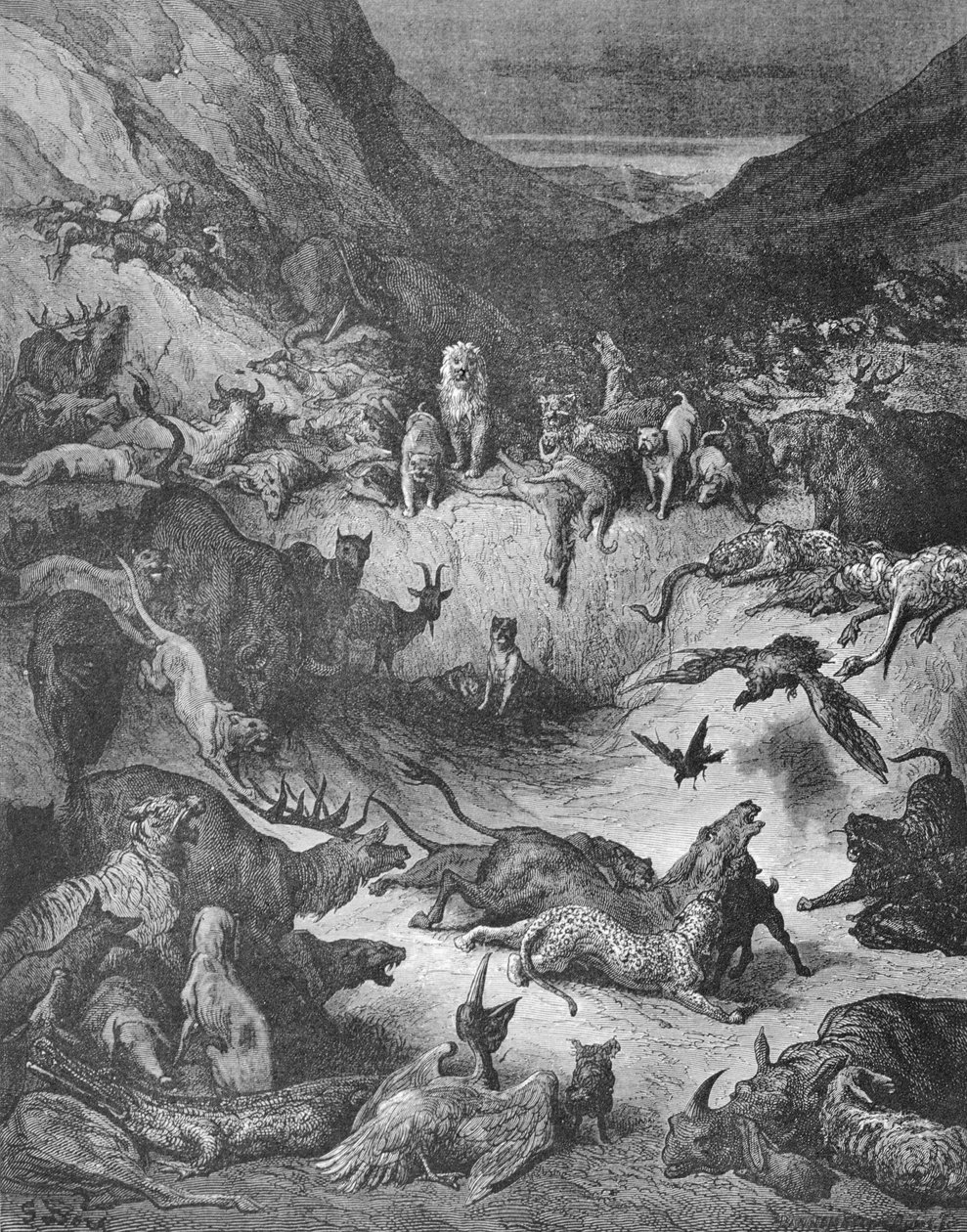 Os animais caídos doentes com a peste, ilustração para as fábulas de La Fontaine de Gustave Dore
