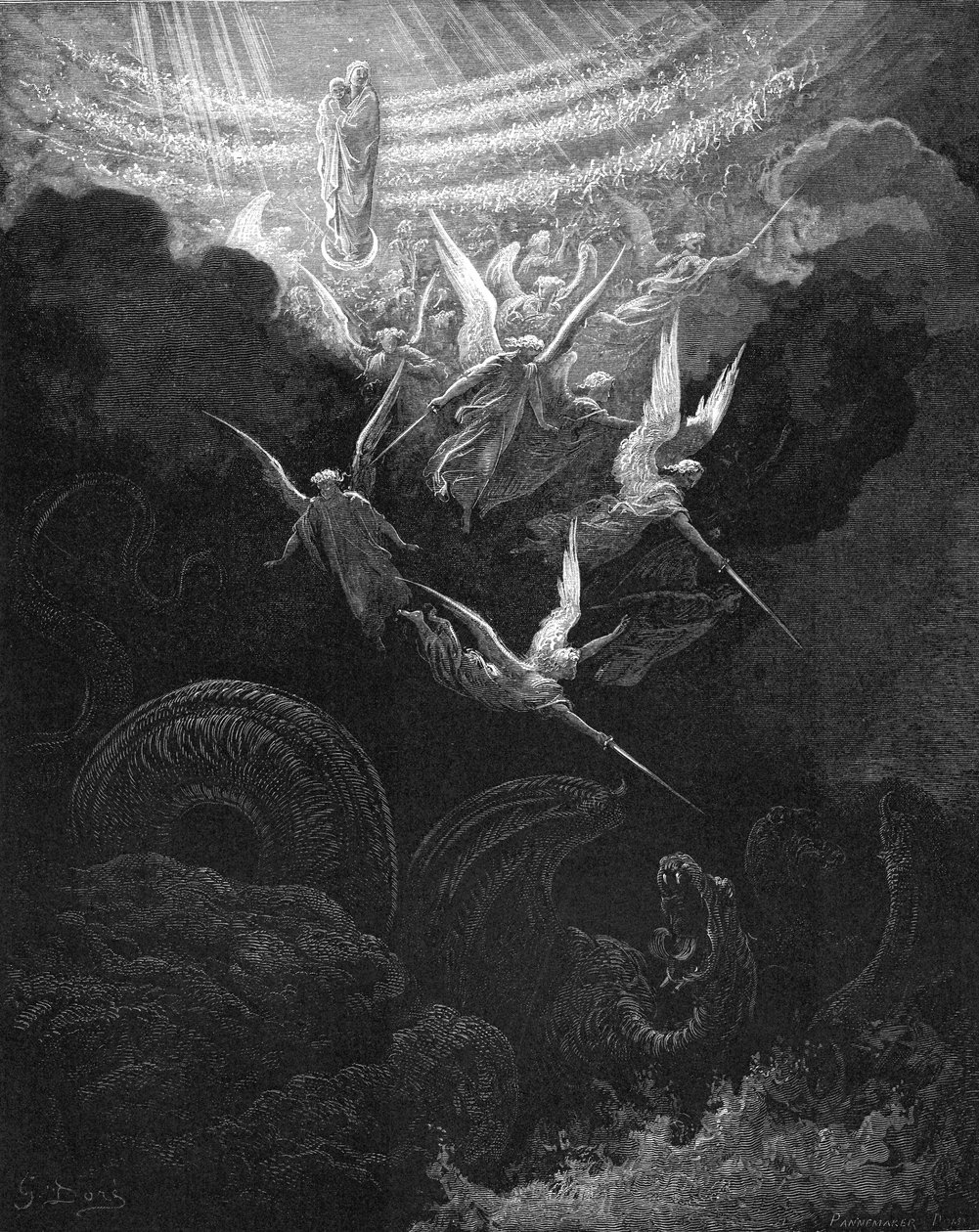 O Arcanjo Miguel e seus anjos lutando contra o dragão, 1865-1866 de Gustave Dore