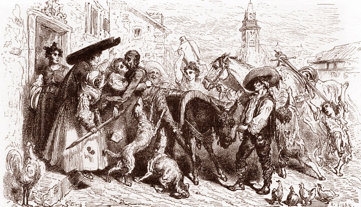 O Quixote Battered chega a casa Gravura de Gustave Dore (1832-1883) para "L