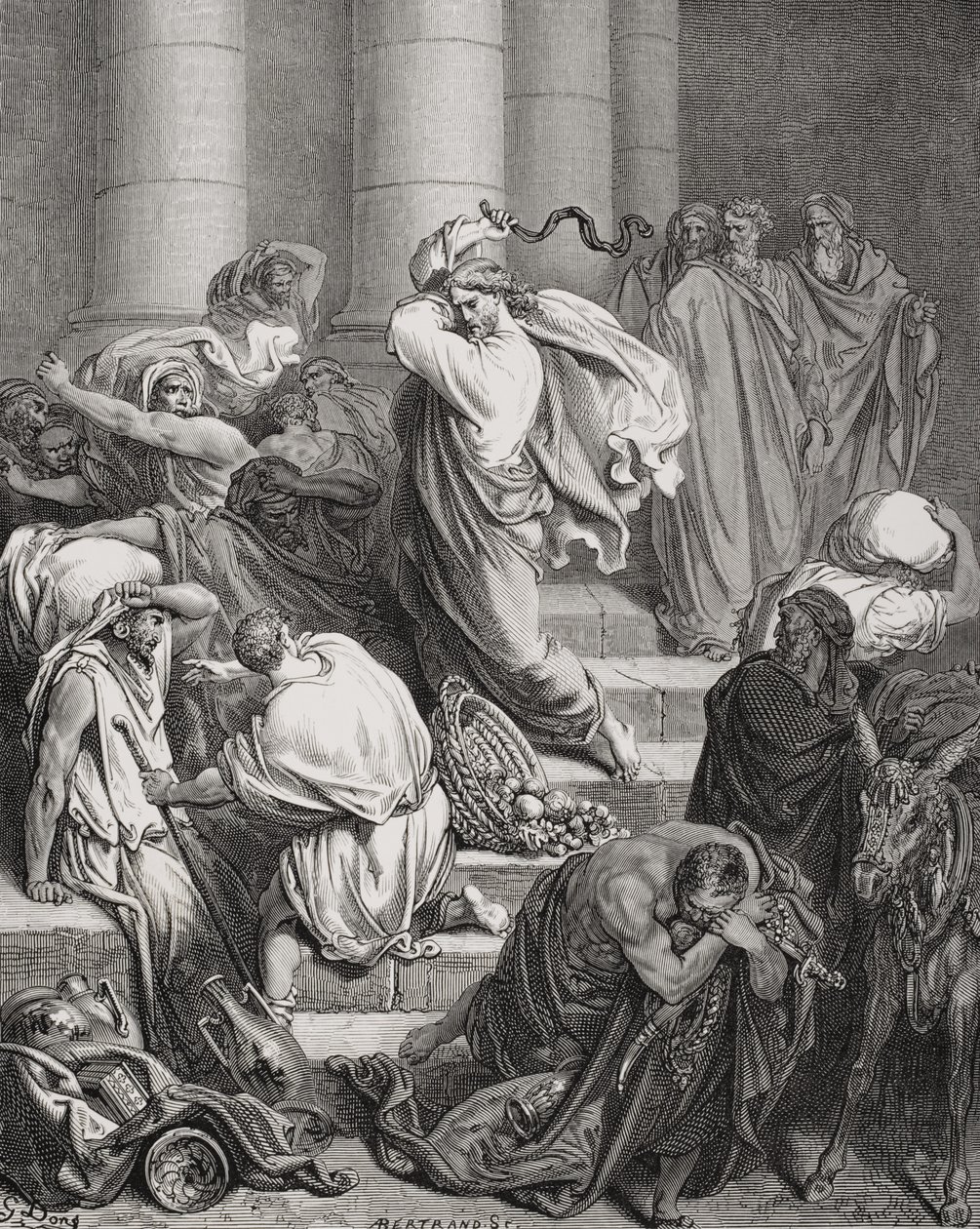 Os compradores e vendedores expulsos do templo, Lucas 19: 45-46, ilustração da "Bíblia Sagrada" de Dore, gravada por Bertrands, 1866 de Gustave Dore