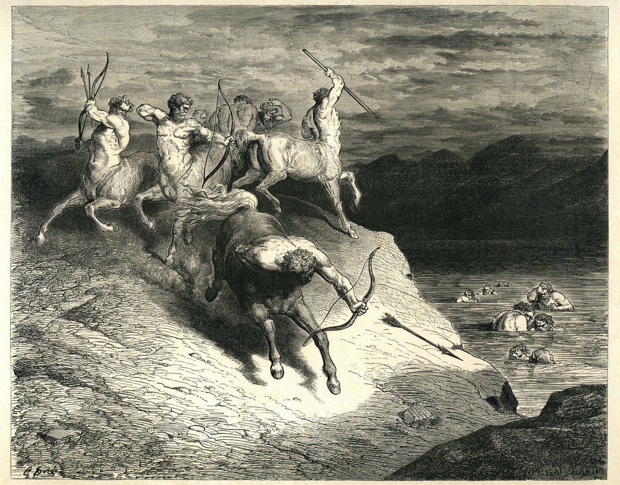 Os centauros lançam setas contra as barragens que saem dos pântanos do Estige. Gravura de O Inferno de Dante Alighieri (a Divina Comédia) ilustrada por Gustave Dore. Edição francesa de 1861. "Noi ci appressammo a quel proud snelle. (Estamos a aproximar-nos de Gustave Dore