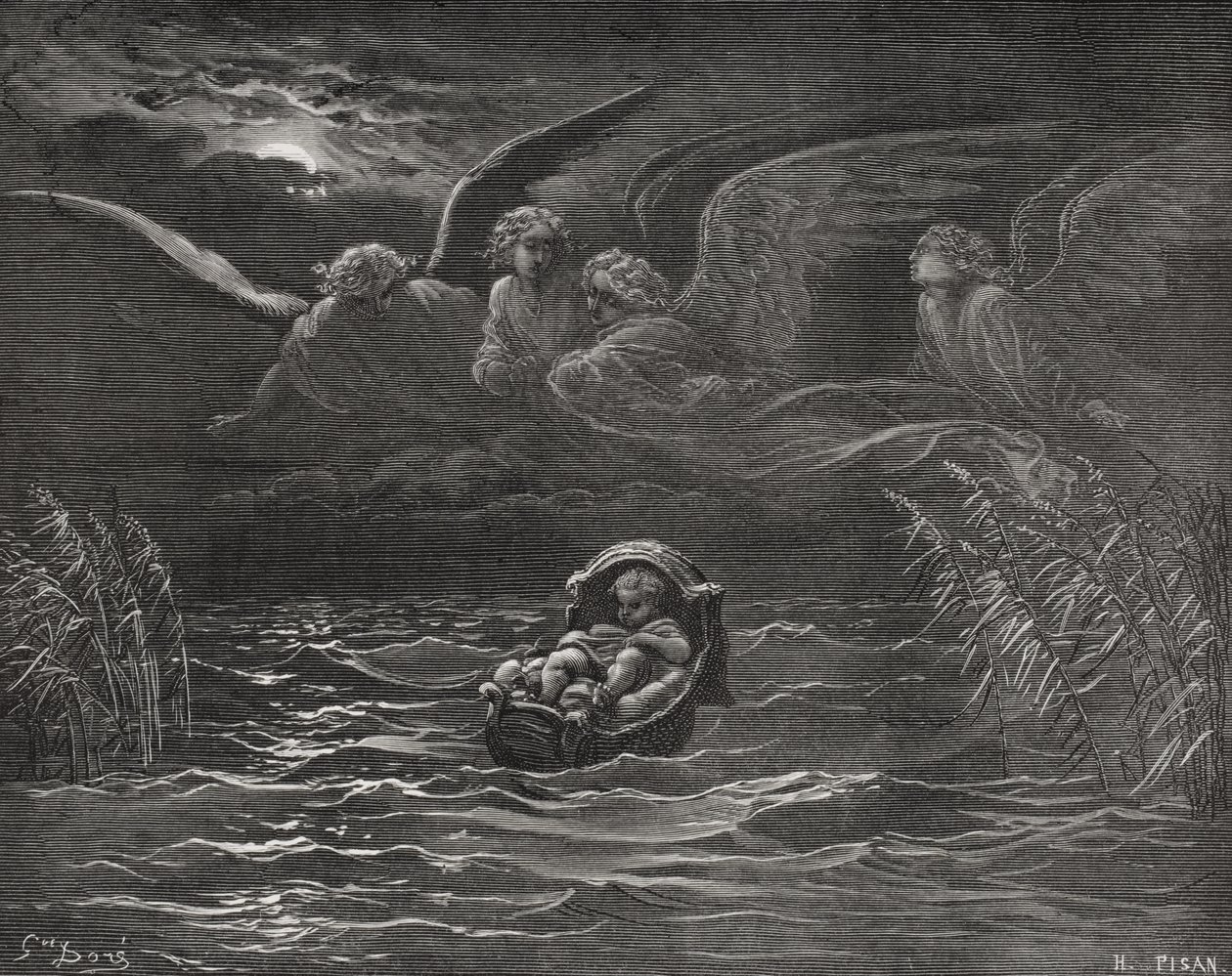 O Menino Moisés no Nilo, Êxodo 2: 1-4, ilustração da "Bíblia Sagrada" de Dore, gravada por H.Pisan, 1866 de Gustave Dore