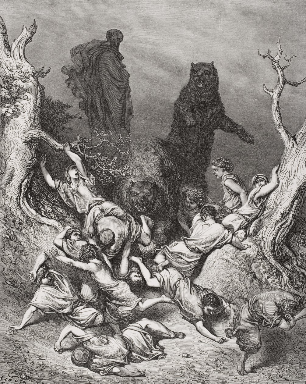As crianças destruídas pelos ursos, ilustração da "Bíblia Sagrada" de Dore, 1866 de Gustave Dore