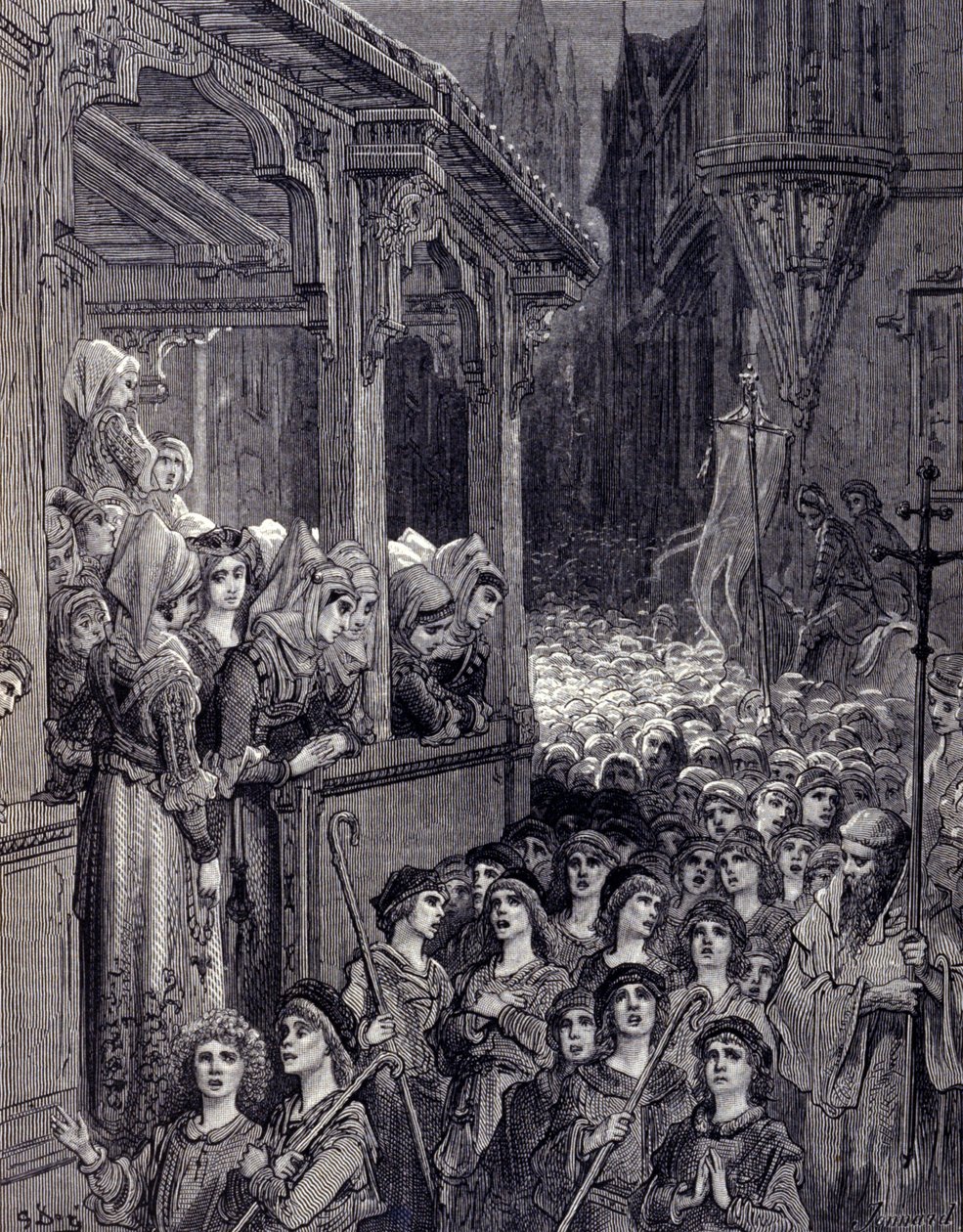 A Cruzada das Crianças: movimentos populares nascidos na Alemanha e na França em 1212, que reuniram milhares de pessoas de origem camponesa atrás de jovens profetas, proclamando-se eleitas por Deus, para ir libertar Jerusalém e o Santo Sepulcro do G de Gustave Dore