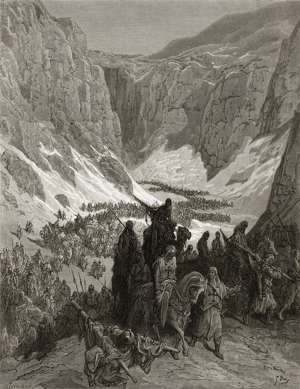 O exército cristão nas montanhas da Judeia, ilustração de &39;Bibliotheque des Croisades&39; por JF. Michaud, 1877 (lito) de Gustave Dore