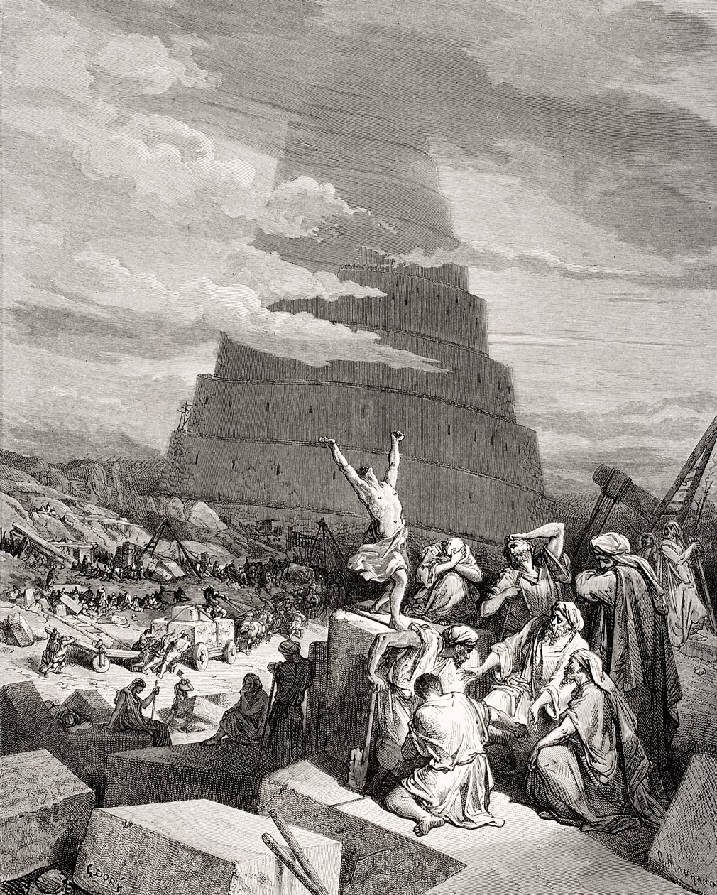 A Confusão de Línguas, Gênesis 11: 7-9, ilustração da "Bíblia Sagrada" de Dore, gravada por Maurand, 1866 (gravura) de Gustave Dore