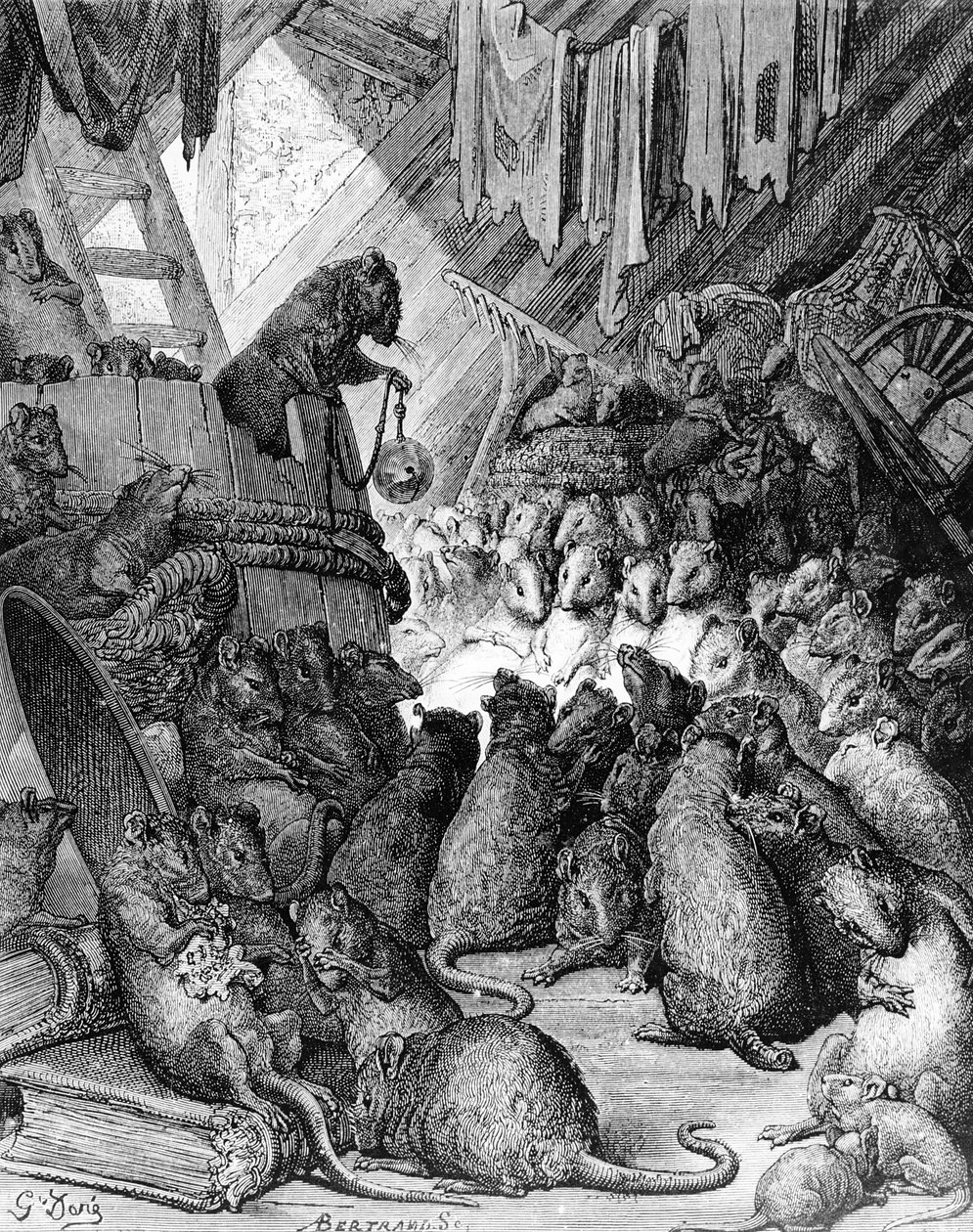 O Conselho Realizado pelos Ratos, das Fábulas de La Fontaine, gravado por Antoine Valerie Bertrand (n.1823) c.1868 de Gustave Dore