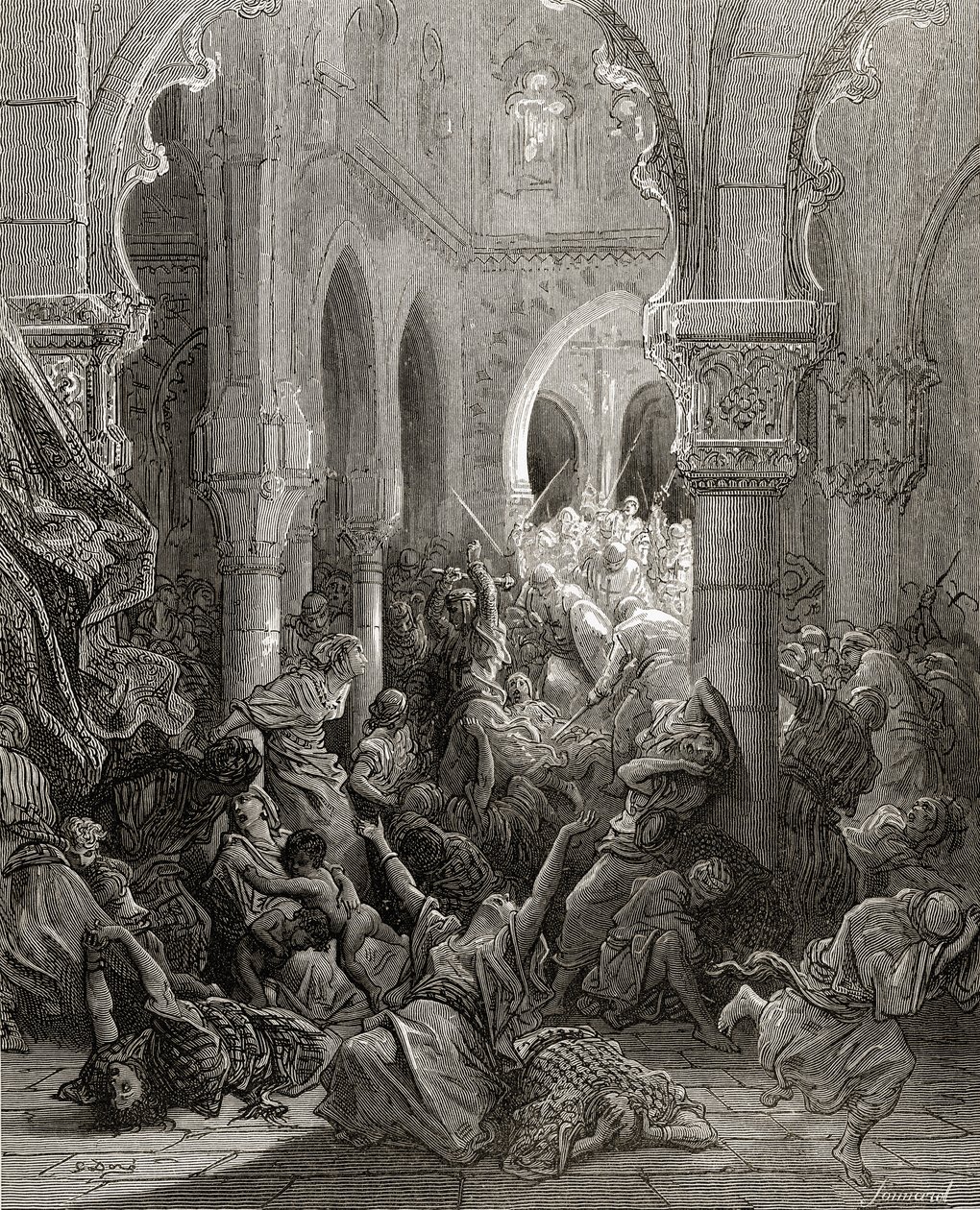 Os cruzados massacram os habitantes de Cesaréia, ilustração da "Bibliotheque des Croisades" de JF. Michaud, 1877 de Gustave Dore
