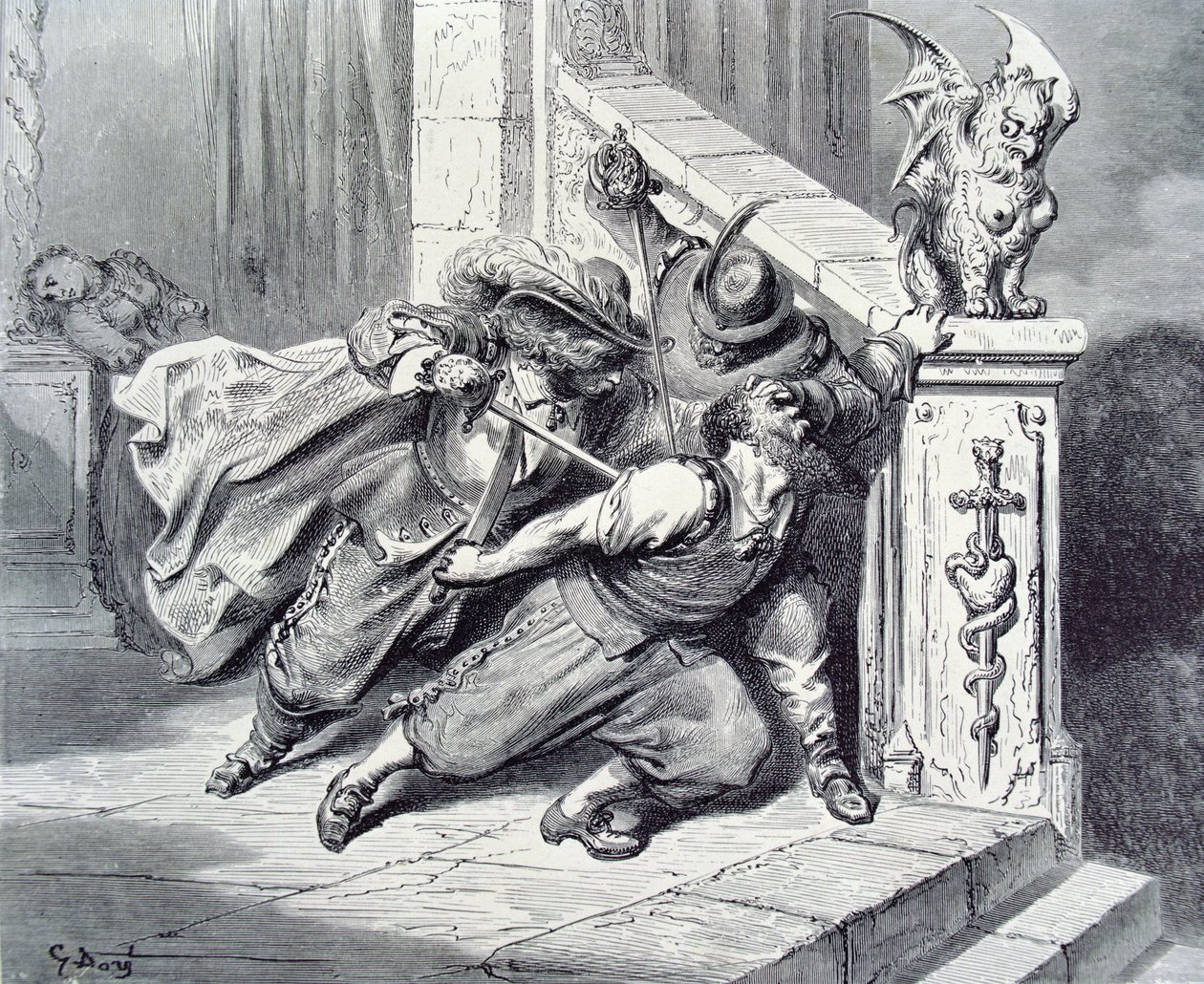 A morte do Bluebeard, ilustração para &39;Bluebeard&39; por Charles Perrault (1628-1703) 1893 de Gustave Dore