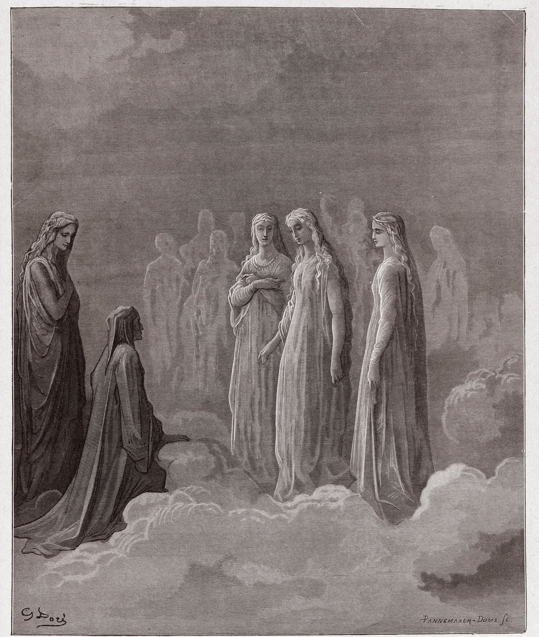A Divina Comédia (La Divina Comedia, La Divine Comedie), Paradiso, Canto 3: O primeiro reino: Piccarda Donati e as almas cujos votos haviam sido quebrados - por Dante Alighieri (1265-1321) - Ilustração de Gustave Dore (1832-1883) de Gustave Dore