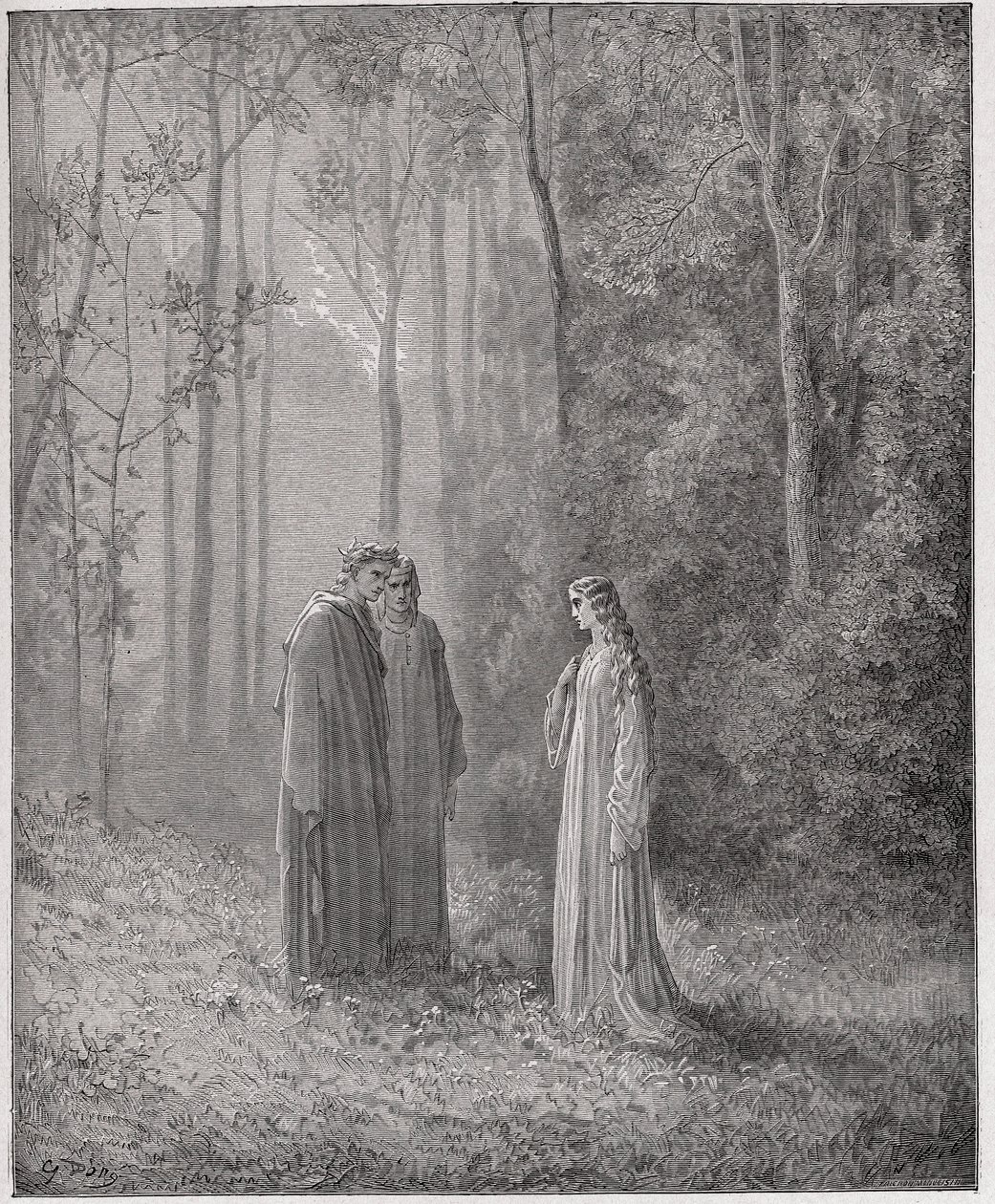A Divina Comédia (La Divina Comedia, La Divina Comédia), Purgatorio, Canto 5: Dante fala com Pia de Tolomei (Tolommei) - por Dante Alighieri (1265-1321) - Ilustração de Gustave Dore (1832-1883) de Gustave Dore
