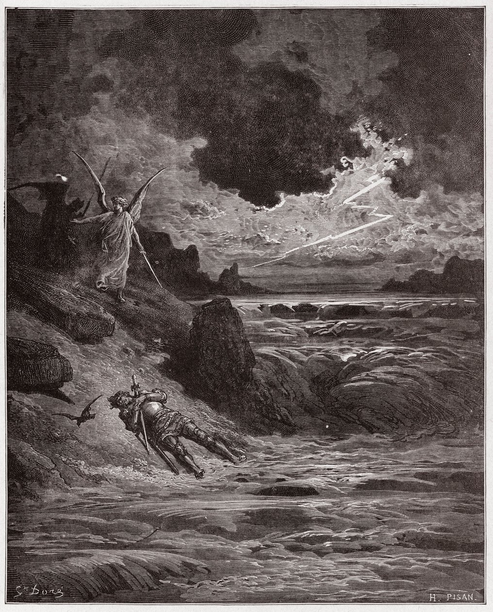 A Divina Comédia (La Divina Comedia, La Divina Comedie), Purgatorio, Canto 5: O corpo de Buonconte da Montefeltro no Arno - por Dante Alighieri (1265-1321) - Ilustração de Gustave Dore (1832-1883) de Gustave Dore