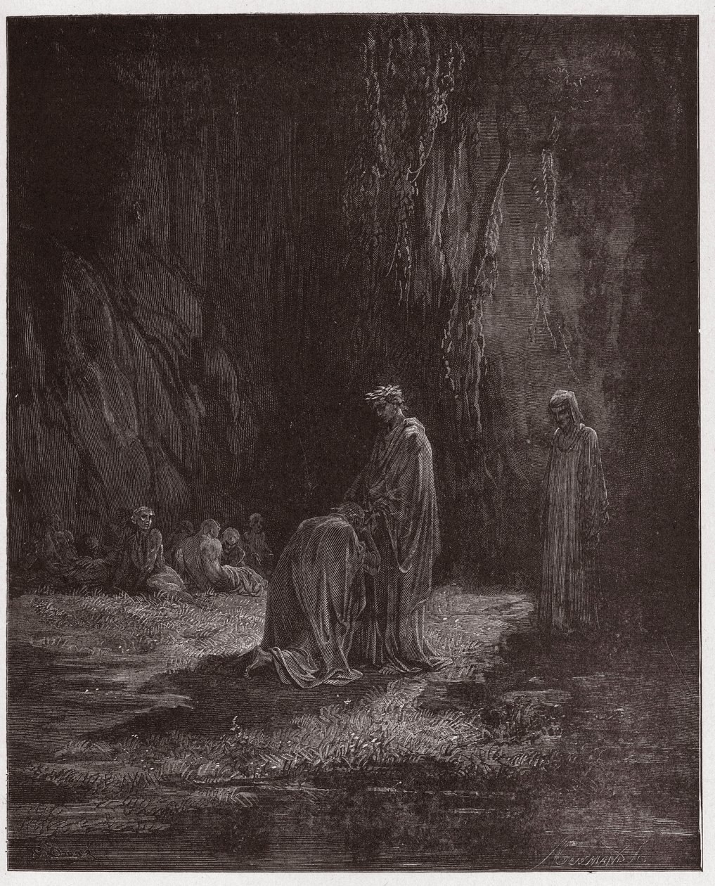 A Divina Comédia (La Divina Comedia, La Divina Comédia), Purgatorio, Canto 7: O poeta Sordello, espantado, ajoelha-se perante Virgílio - por Dante Alighieri (1265-1321) - Ilustração de Gustave Dore (1832-1883) de Gustave Dore