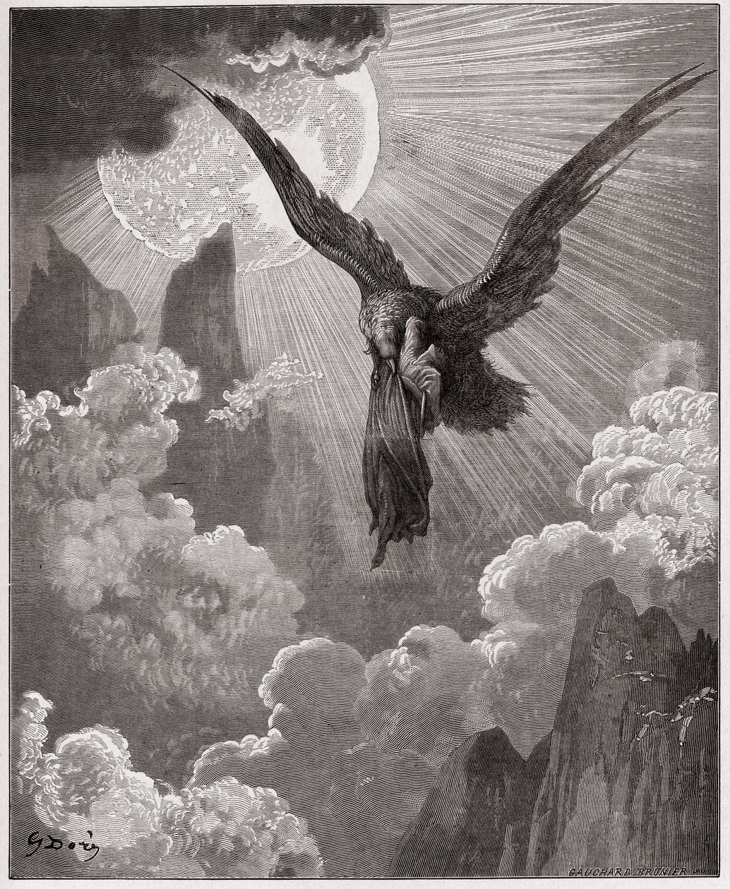 A Divina Comédia (La Divina Comedia, La Divina Comédia), Purgatorio, Canto 9: Dante, num sonho, é levado por uma águia - por Dante Alighieri (1265-1321) - Ilustração de Gustave Dore (1832-1883) de Gustave Dore
