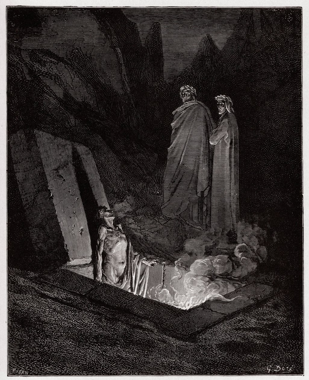 A Divina Comédia (La Divina Commedia, La Divina Comédia), Inferno, Canto 10: Farinata degli Uberti aborda Dante - de Dante Alighieri (1265-1321) - Ilustração de Gustave Dore (1832-1883) de Gustave Dore