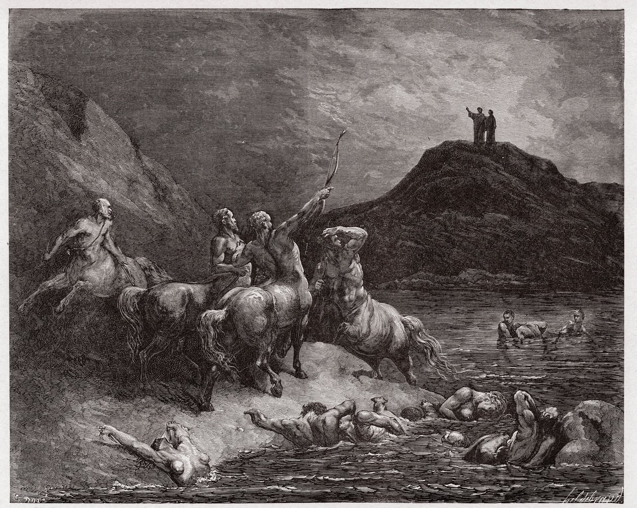 A Divina Comédia (La Divina Commedia, La Divina Comédia), Inferno, Canto 12: Nessus e os centauros - de Dante Alighieri (1265-1321) - Ilustração de Gustave Dore (1832-1883) de Gustave Dore