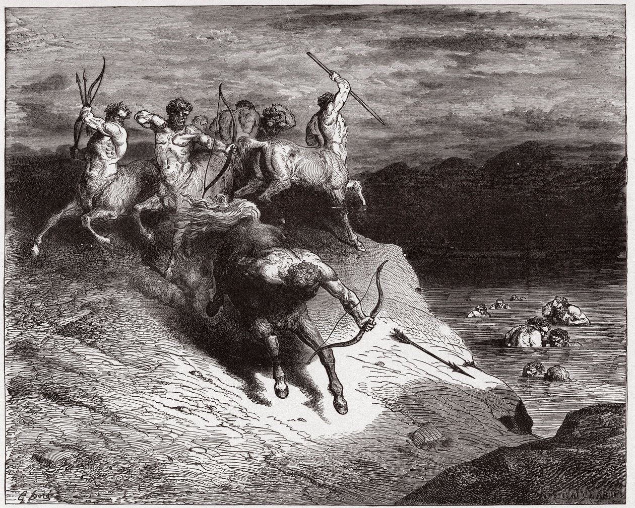 A Divina Comédia (La Divina Commedia, La Divina Comédia), Inferno, Canto 12: Os centauros atacam as almas em sangue fervente - por Dante Alighieri (1265-1321) - Ilustração de Gustave Dore (1832-1883) de Gustave Dore
