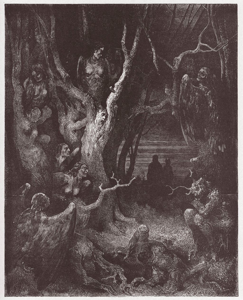 A Divina Comédia (La Divina Commedia, La Divina Comédia), Inferno, Canto 13: As Harpias na floresta dos suicídios - por Dante Alighieri (1265-1321) - Ilustração de Gustave Dore (1832-1883) de Gustave Dore
