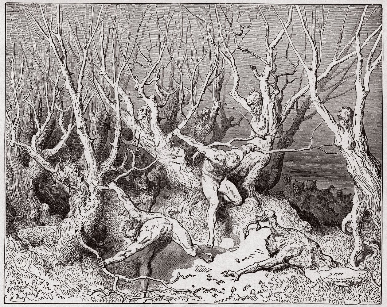 A Divina Comédia (La Divina Commedia, La Divina Comédia), Inferno, Canto 13: Os suicidas fogem da floresta - por Dante Alighieri (1265-1321) - Ilustração de Gustave Dore (1832-1883) de Gustave Dore