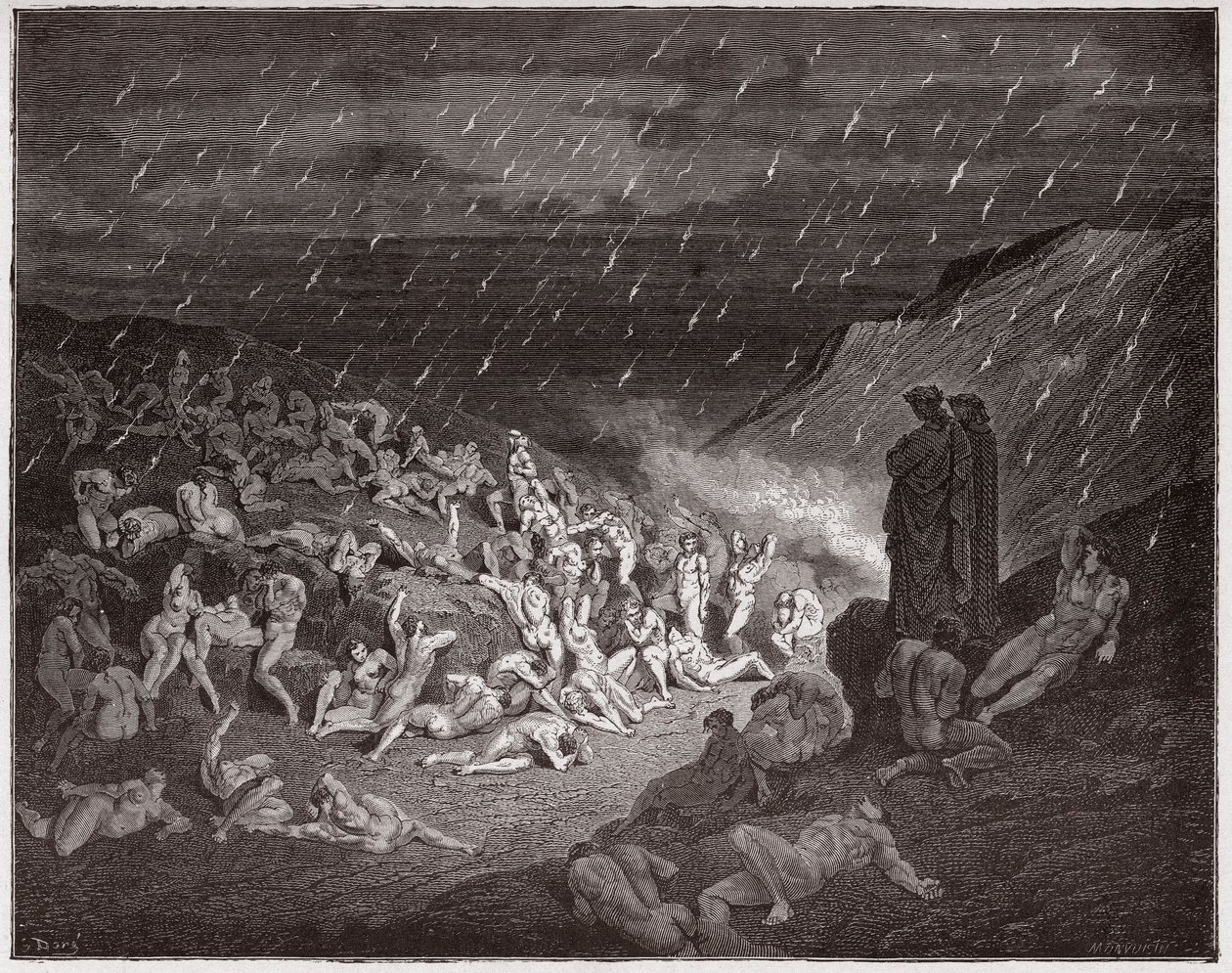 A Divina Comédia (La Divina Commedia, La Divina Comédia), Inferno, Canto 14: A violenta, atormentada na chuva de fogo - por Dante Alighieri (1265-1321) - Ilustração de Gustave Dore (1832-1883) de Gustave Dore