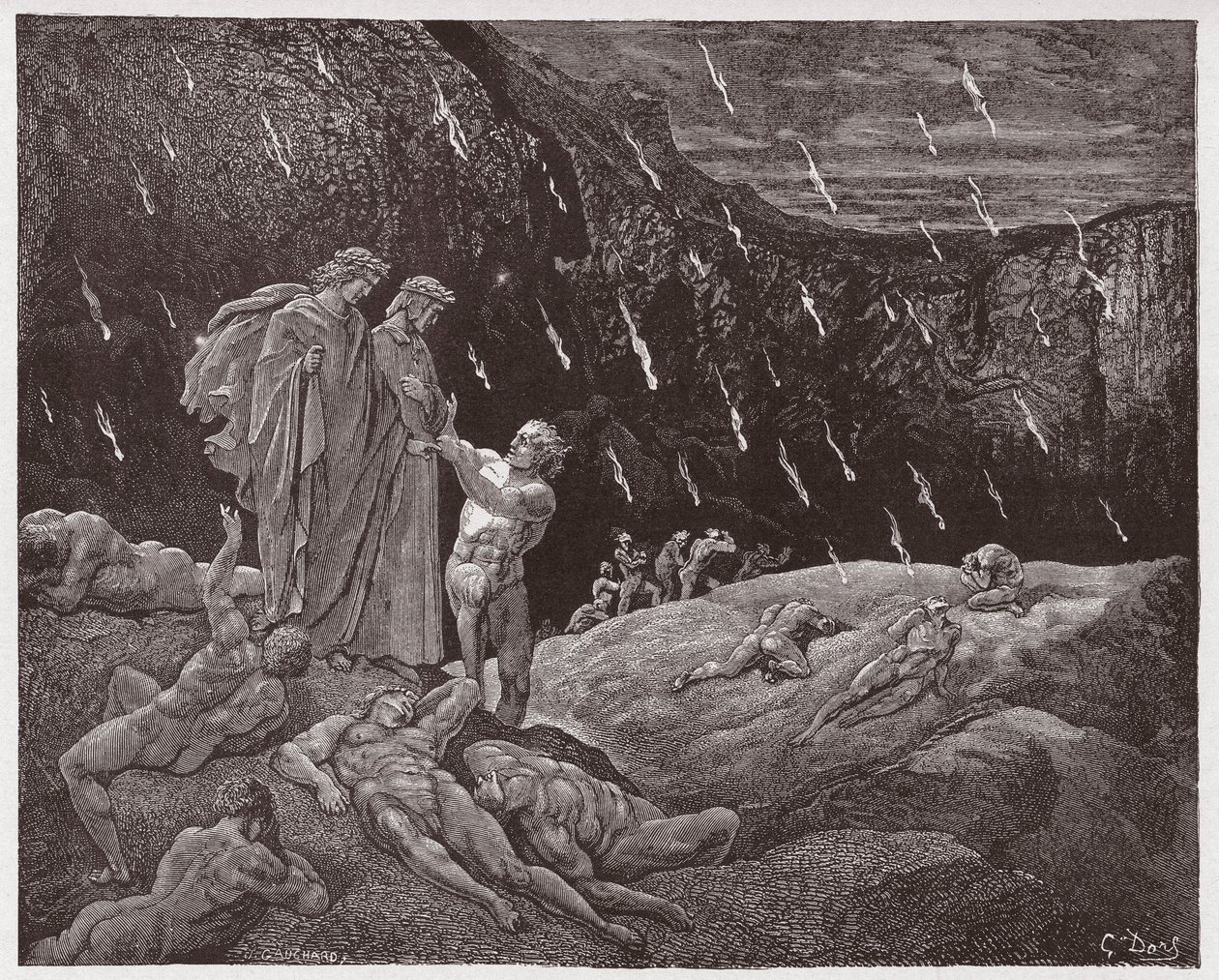 A Divina Comédia (La Divina Commedia, La Divina Comédia), Inferno, Canto 15: Brunetto Latini acostuma Dante - por Dante Alighieri (1265-1321) - Ilustração de Gustave Dore (1832-1883) de Gustave Dore