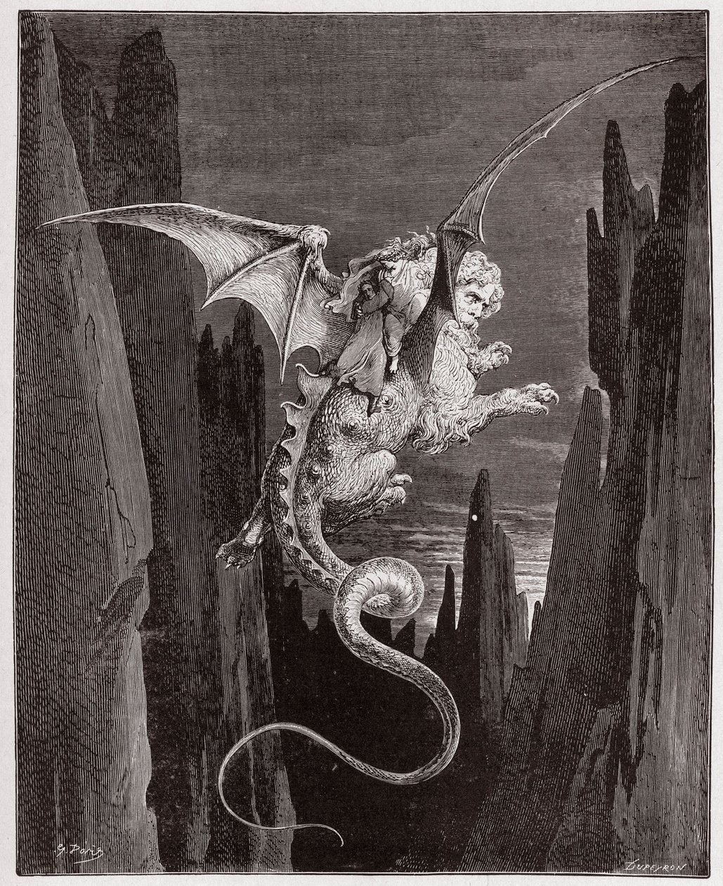 A Divina Comédia (La Divina Commedia, La Divina Comédia), Inferno, Canto 17: A descida ao abismo nas costas de Geryon - por Dante Alighieri (1265-1321) - Ilustração de Gustave Dore (1832-1883) de Gustave Dore