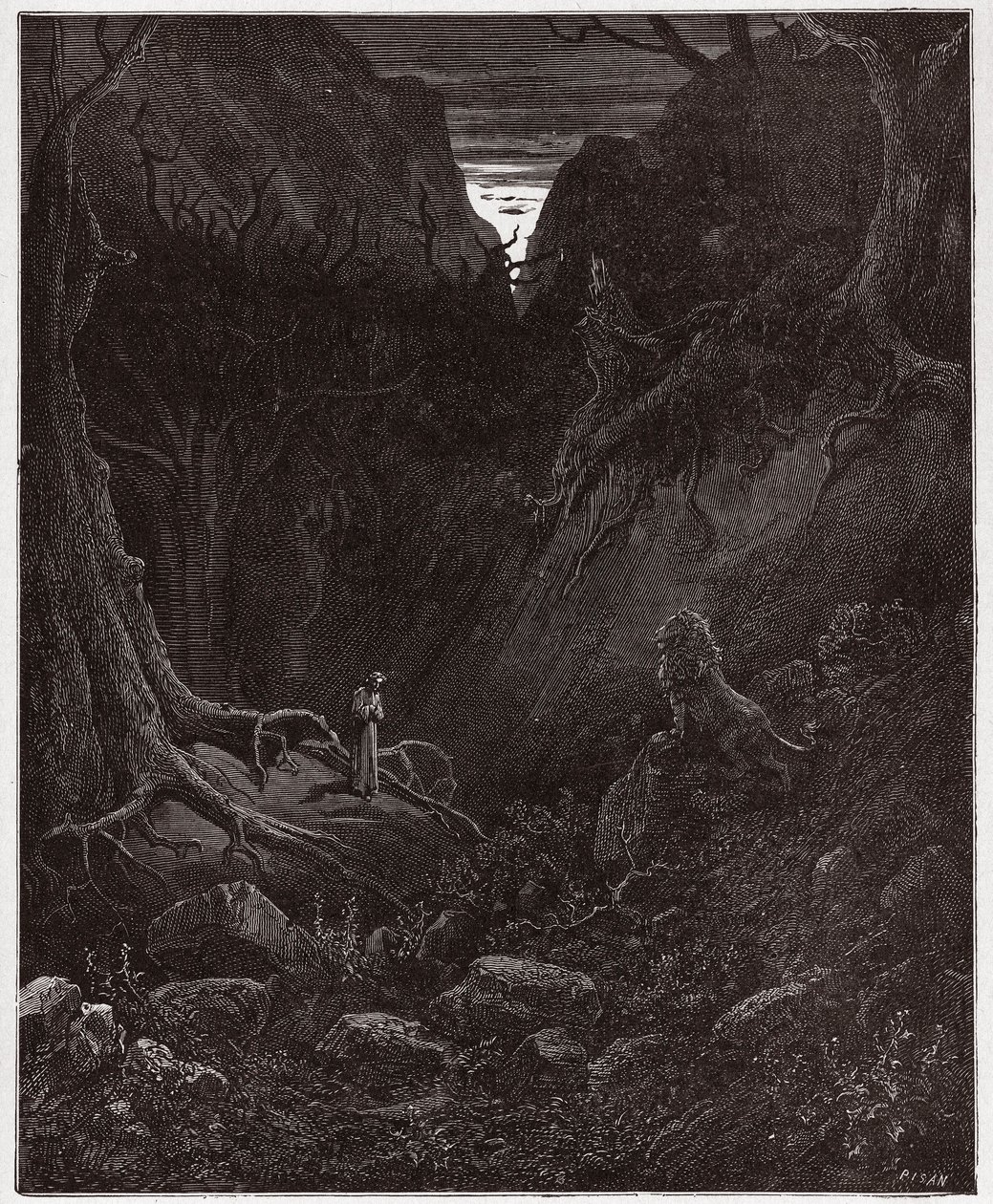 A Divina Comédia (La Divina Commedia, La Divina Comédia), Inferno, Canto 1: O leão de repente enfrenta Dante - por Dante Alighieri (1265-1321) - Ilustração de Gustave Dore (1832-1883) de Gustave Dore