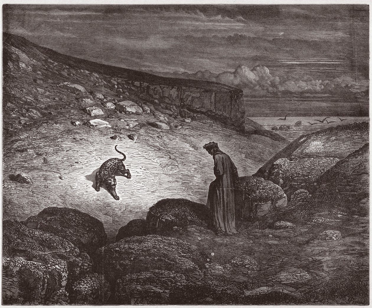 A Divina Comédia (La Divina Commedia, La Divina Comédia), Inferno, Canto 1: A pantera no início da subida - por Dante Alighieri (1265-1321) - Ilustração de Gustave Dore (1832-1883) de Gustave Dore