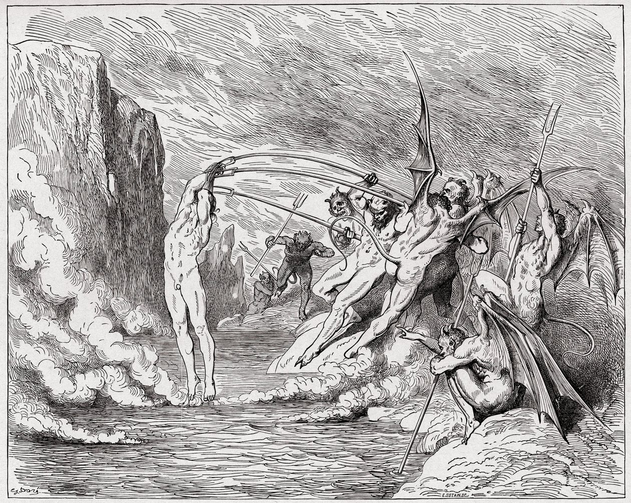 A Divina Comédia (La Divina Commedia, La Divina Comedie), Inferno, Canto 21: Demónios atormentam os barradores - de Dante Alighieri (1265-1321) - Ilustração de Gustave Dore (1832-1883) de Gustave Dore