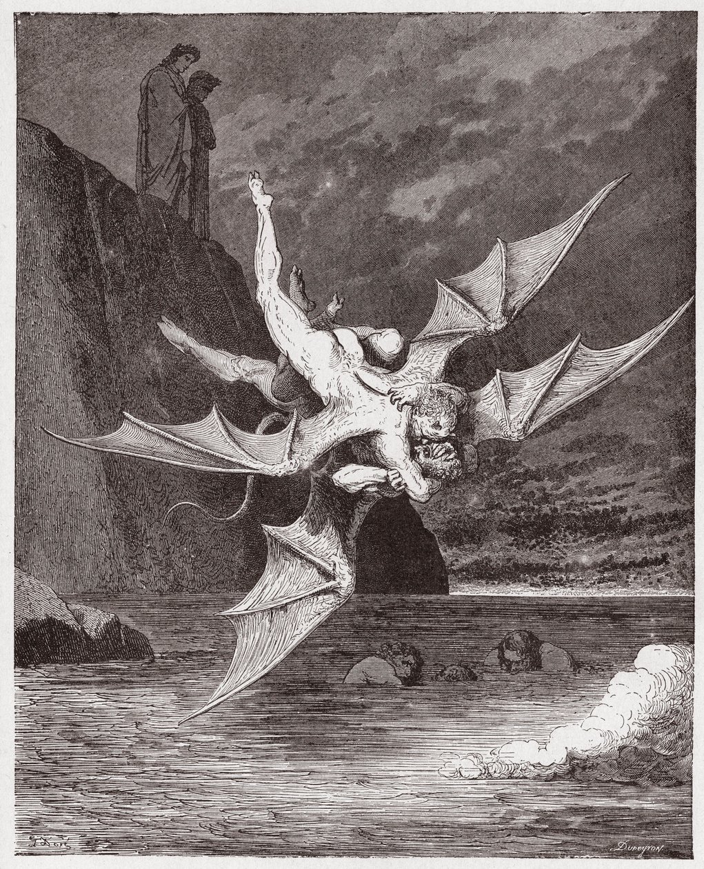 A Divina Comédia (La Divina Commedia, La Divina Comedie), Inferno, Canto 22: Alichino e Calcabrina lutam acima do tom - por Dante Alighieri (1265-1321) - Ilustração por Gustave Dore (1832-1883) de Gustave Dore