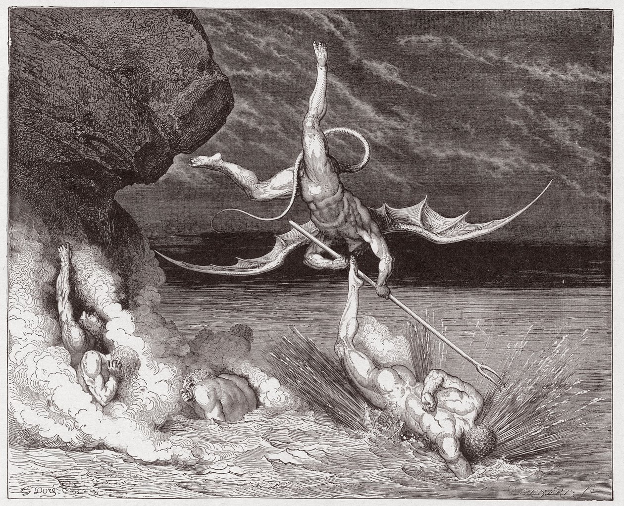 A Divina Comédia (La Divina Commedia, La Divina Comédia), Inferno, Canto 22: Ciampolo escapa ao demônio Alichino na quinta bolgia - por Dante Alighieri (1265-1321) - Ilustração de Gustave Dore (1832-1883) de Gustave Dore