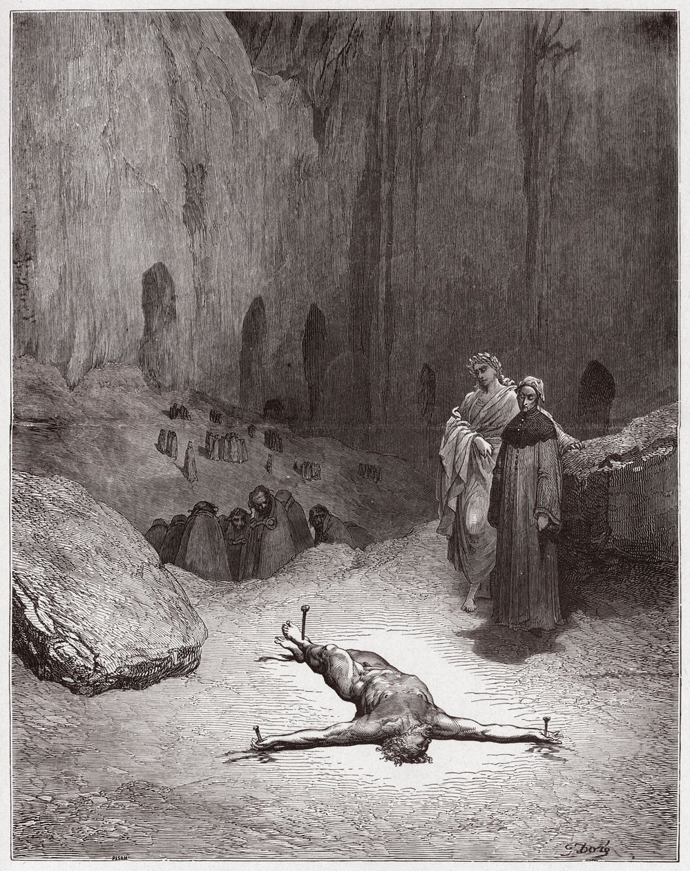 A Divina Comédia (La Divina Commedia, La Divina Comédia), Inferno, Canto 23: Um fariseu crucificado entre os hipócritas - por Dante Alighieri (1265-1321) - Ilustração de Gustave Dore (1832-1883) de Gustave Dore