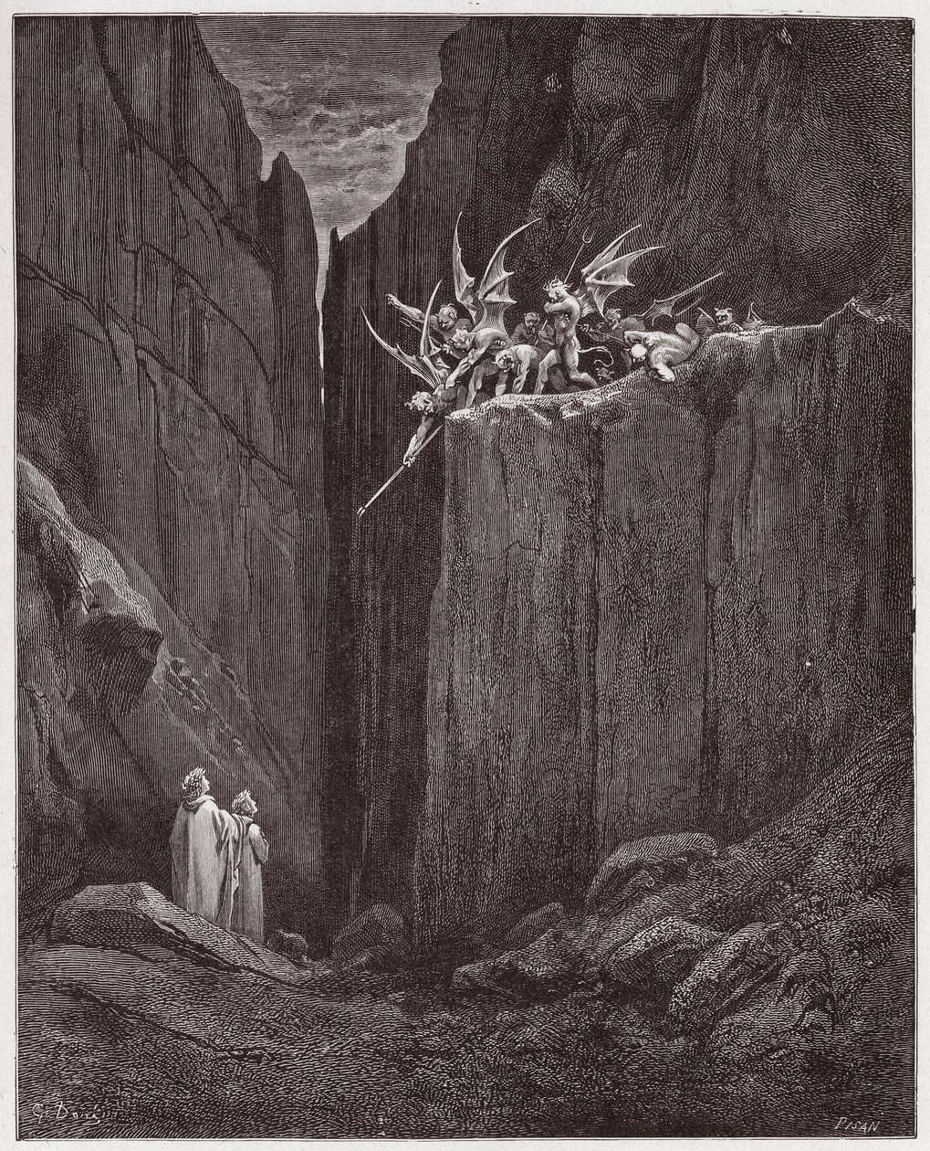 A Divina Comédia (La Divina Commedia, La Divina Comédia), Inferno, Canto 23: Os poetas escapam aos demônios da quinta bolgia - por Dante Alighieri (1265-1321) - Ilustração de Gustave Dore (1832-1883) de Gustave Dore