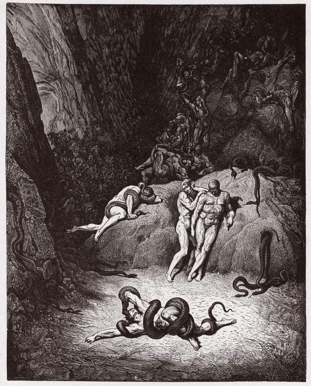 A Divina Comédia (La Divina Commedia, La Divina Comédia), Inferno, Canto 25: Agnello transformando-se em serpente - de Dante Alighieri (1265-1321) - Ilustração de Gustave Dore (1832-1883) de Gustave Dore