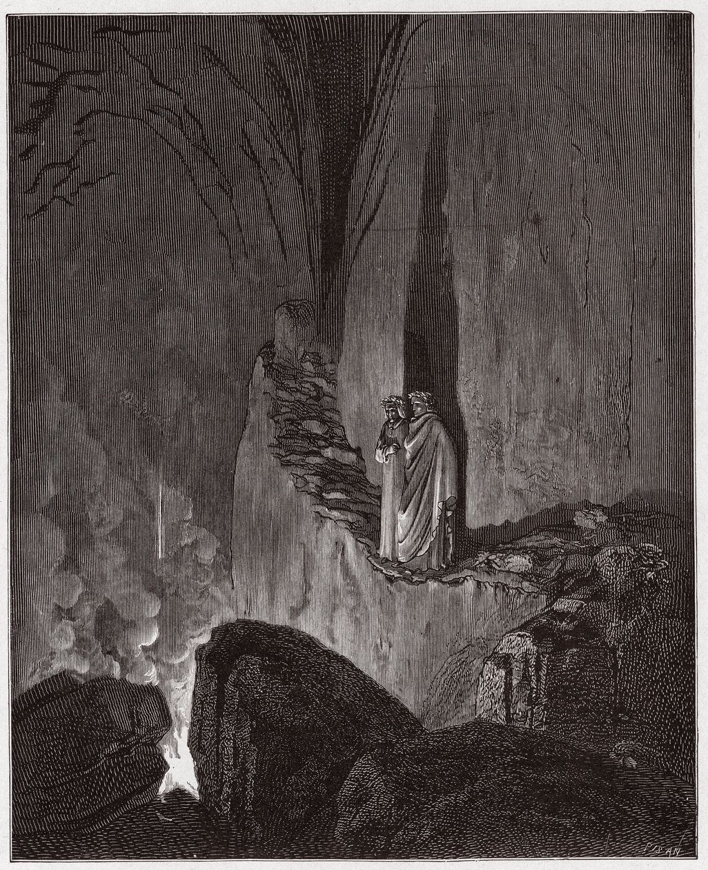A Divina Comédia (La Divina Commedia, La Divina Comediante), Inferno, Canto 26: Os espíritos flamejantes dos Ulisses e Diomedes - por Dante Alighieri (1265-1321) - Ilustração de Gustave Dore (1832-1883) de Gustave Dore
