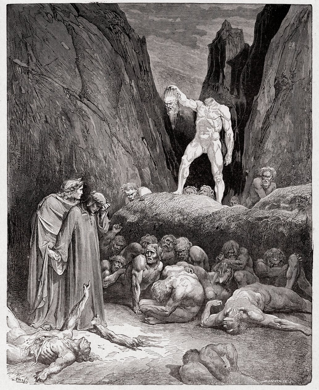 A Divina Comédia (La Divina Commedia, La Divina Comédia), Inferno, Canto 28: A cabeça cortada de Bertrand de Born fala com Dante - por Dante Alighieri (1265-1321) - Ilustração de Gustave Dore (1832-1883) de Gustave Dore