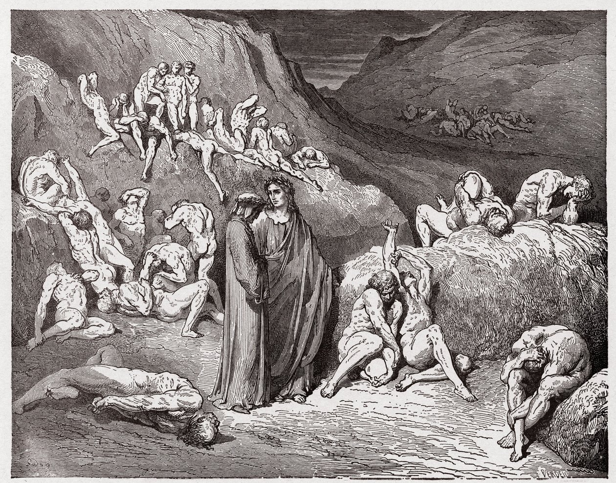A Divina Comédia (La Divina Commedia, La Divina Comédia), Inferno, Canto 29: Os falsificadores e falsificadores atormentados com prurido - por Dante Alighieri (1265-1321) - Ilustração de Gustave Dore (1832-1883) de Gustave Dore