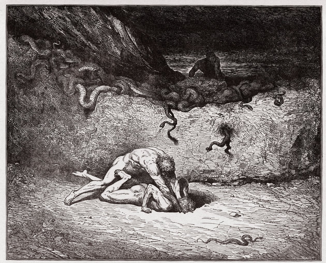 A Divina Comédia (La Divina Commedia, La Divina Comédia), Inferno, Canto 30: O tormento dos falsificadores na nona bolgia (Gianni Schicchi) - por Dante Alighieri (1265-1321) - Ilustração de Gustave Dore (1832-1883) de Gustave Dore