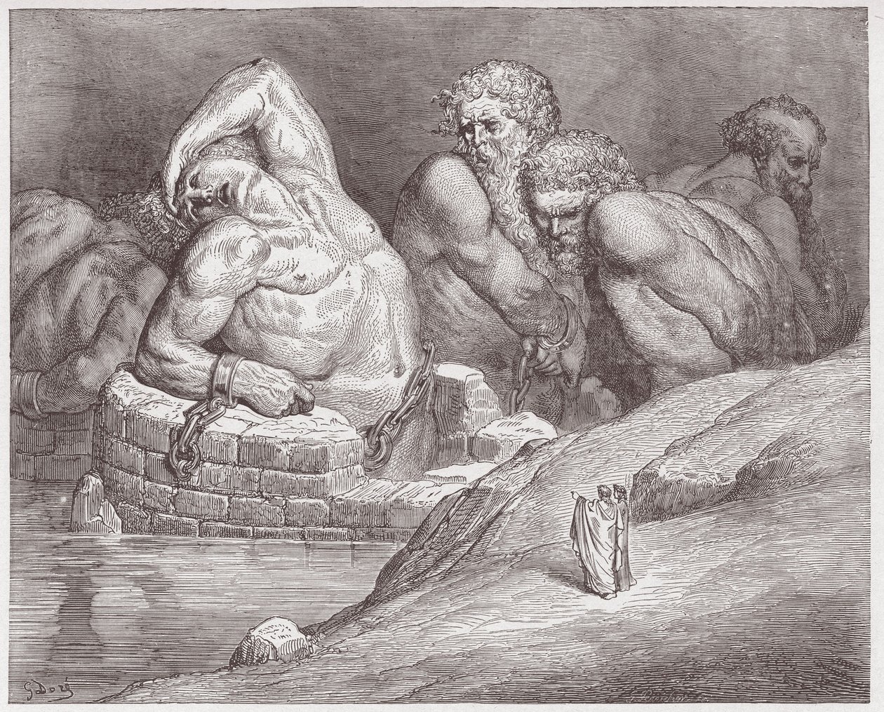 A Divina Comédia (La Divina Commedia, La Divina Comedie), Inferno, Canto 31: Ephialtes em algemas entre os gigantes - por Dante Alighieri (1265-1321) - Ilustração por Gustave Dore (1832-1883) de Gustave Dore