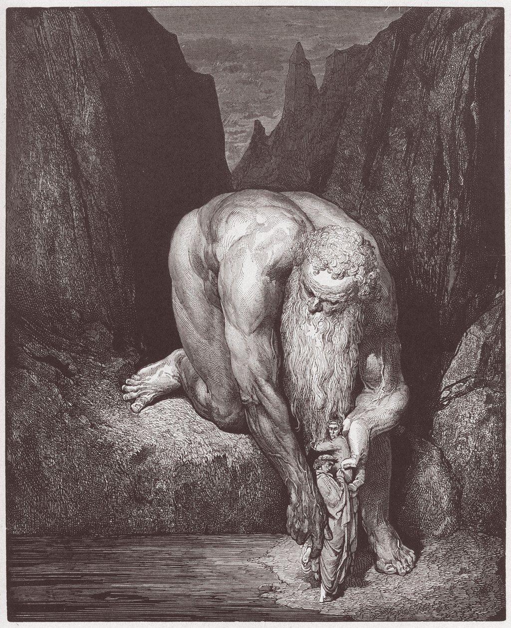 A Divina Comédia (La Divina Commedia, La Divina Comedie), Inferno, Canto 31: O gigante Antaeus baixa Dante e Virgílio no último círculo - por Dante Alighieri (1265-1321) - Ilustração de Gustave Dore (1832-1883) de Gustave Dore