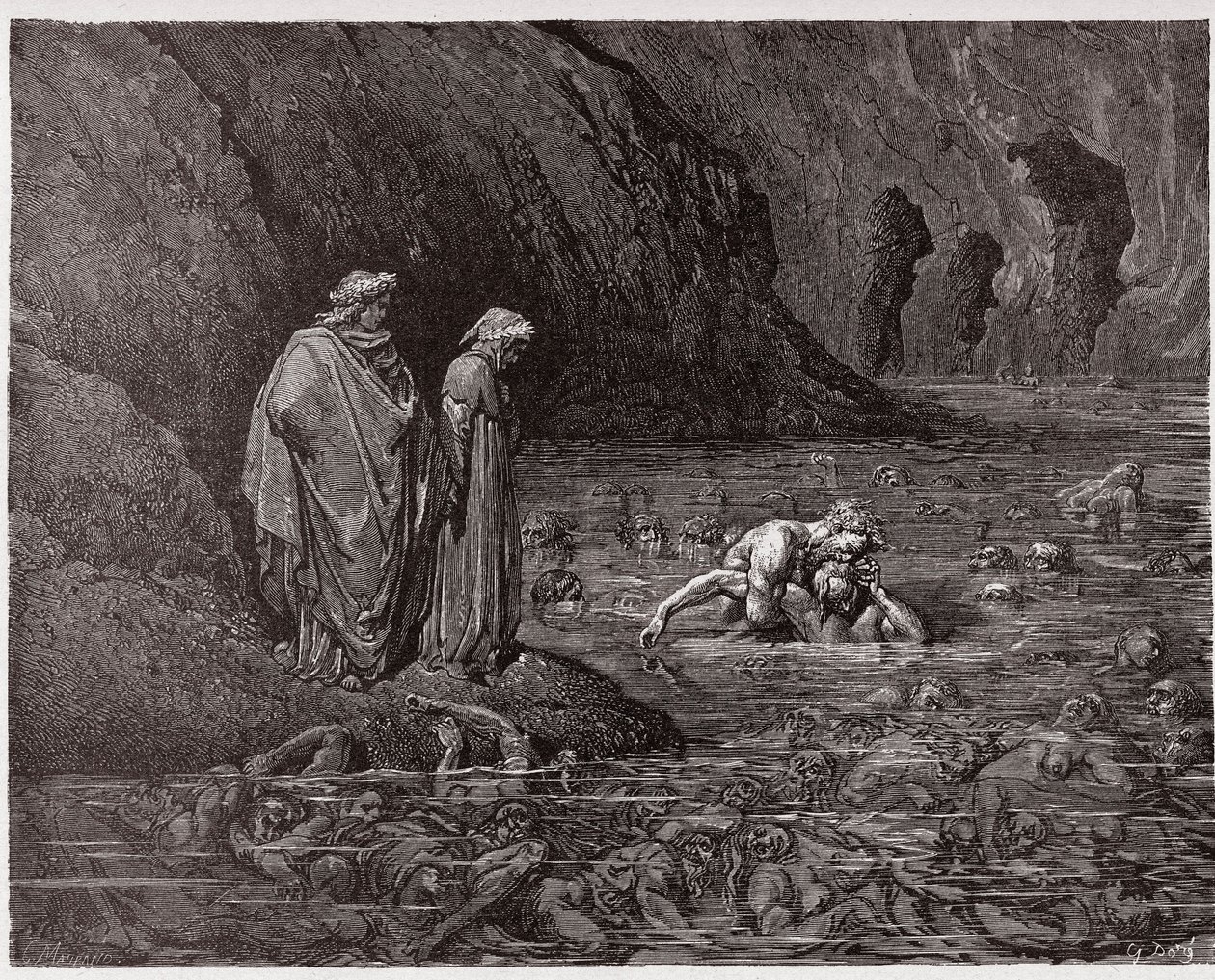 A Divina Comédia (La Divina Commedia, La Divina Comedie), Inferno, Canto 32: Ugolino roe a cabeça do Arcebispo Ruggieri - por Dante Alighieri (1265-1321) - Ilustração de Gustave Dore (1832-1883) de Gustave Dore