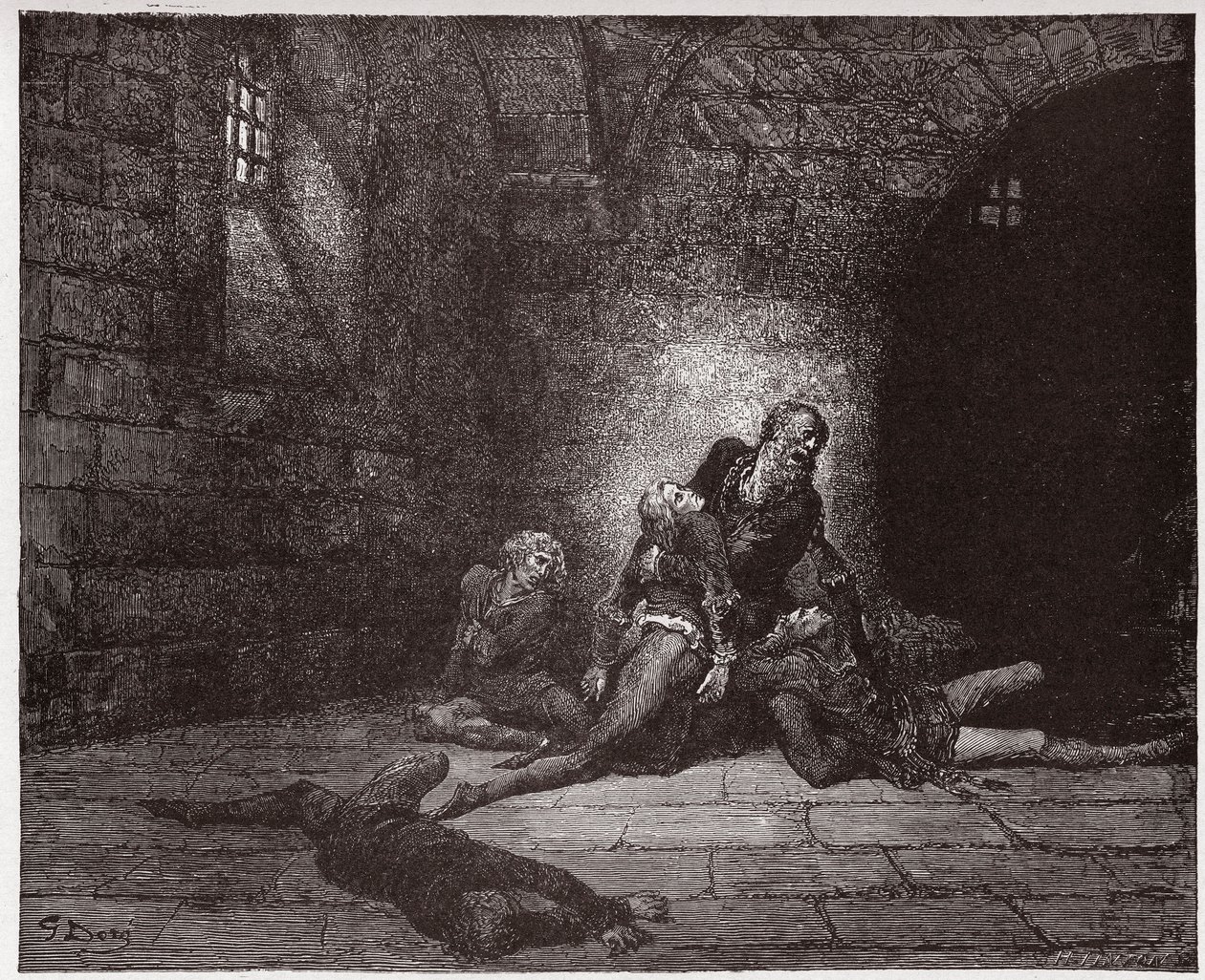 A Divina Comédia (La Divina Commedia, La Divina Comediante), Inferno, Canto 33: Gaddo morre diante dos olhos de seu pai - por Dante Alighieri (1265-1321) - Ilustração de Gustave Dore (1832-1883) de Gustave Dore