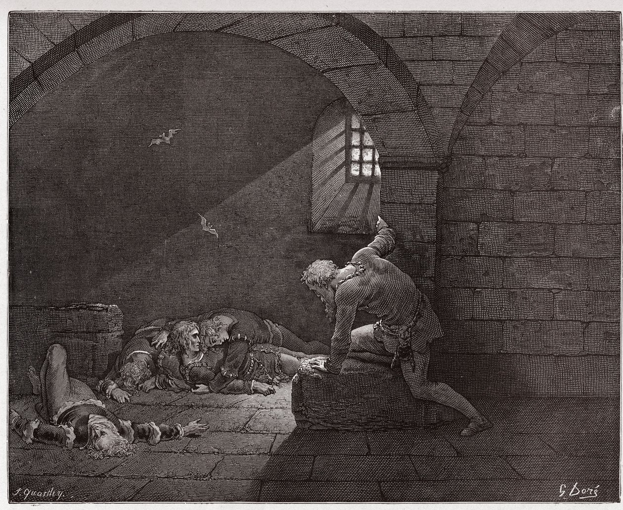 A Divina Comédia (La Divina Commedia, La Divina Comediante), Inferno, Canto 33: Ugolino na cela com seus quatro filhos mortos - por Dante Alighieri (1265-1321) - Ilustração de Gustave Dore (1832-1883) de Gustave Dore