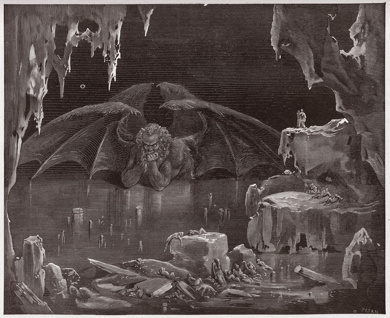 A Divina Comédia (La Divina Commedia, La Divina Comediante), Inferno, Canto 34: Lúcifer, rei do Inferno, congelado no gelo - por Dante Alighieri (1265-1321) - Ilustração de Gustave Dore (1832-1883) de Gustave Dore